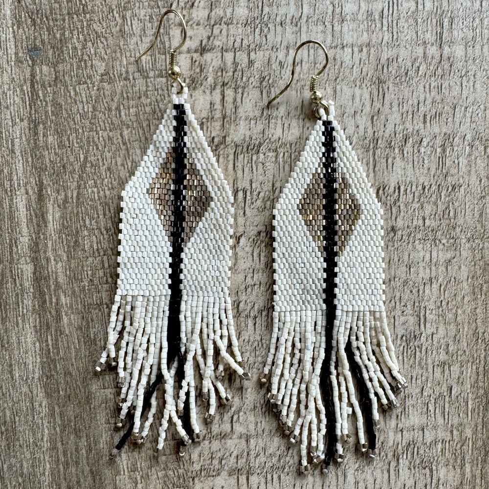 INK+ALLOY Seed Bead Earrings + Beaded Fringe. Gold, Black + Ivory